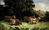 five cows in pasture, rooftop in background by Edward Mitchell Bannister